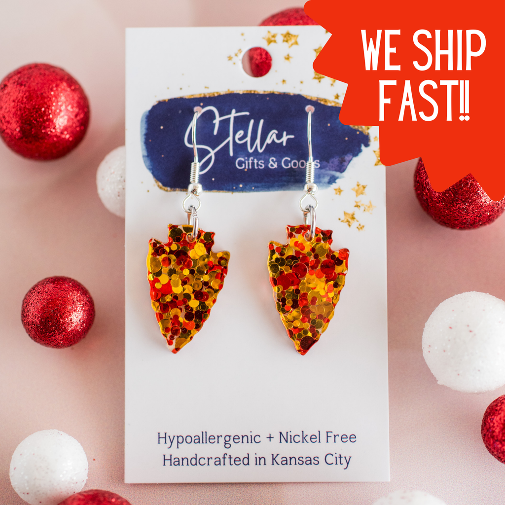 Petite Red & Gold Confetti Arrowhead Dangles KC Chiefs-Jewelry-Stellar Gifts & Goods Wholesale-Three Birdies Boutique, Women's Fashion Boutique Located in Kearney, MO