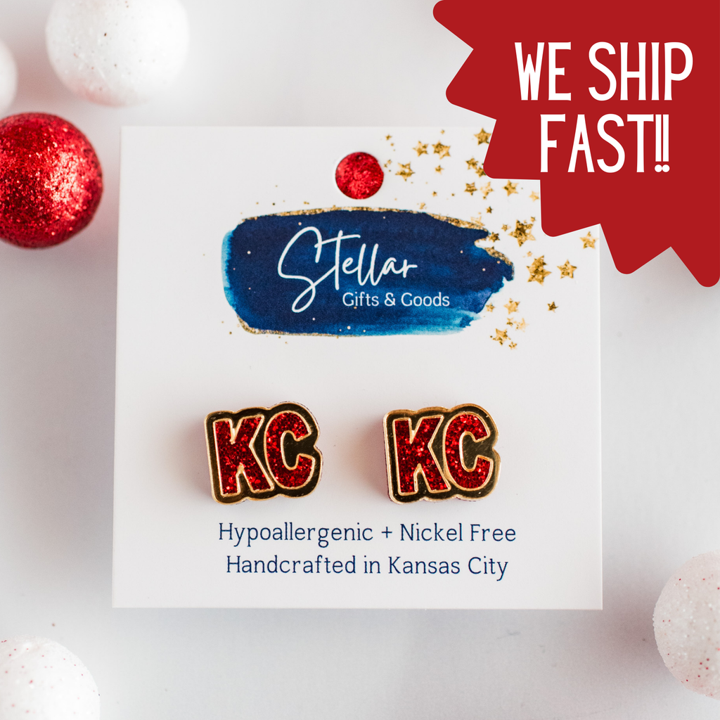 Red Glitter & Gold Mirror KC Studs Kansas City Football-Earrings-Stellar Gifts & Goods Wholesale-Three Birdies Boutique, Women's Fashion Boutique Located in Kearney, MO