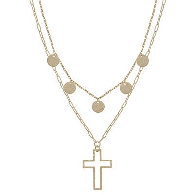 Gold Coin Layered with Open Cross 16"-18" Necklace-Accessories-What's Hot-Three Birdies Boutique, Women's Fashion Boutique Located in Kearney, MO