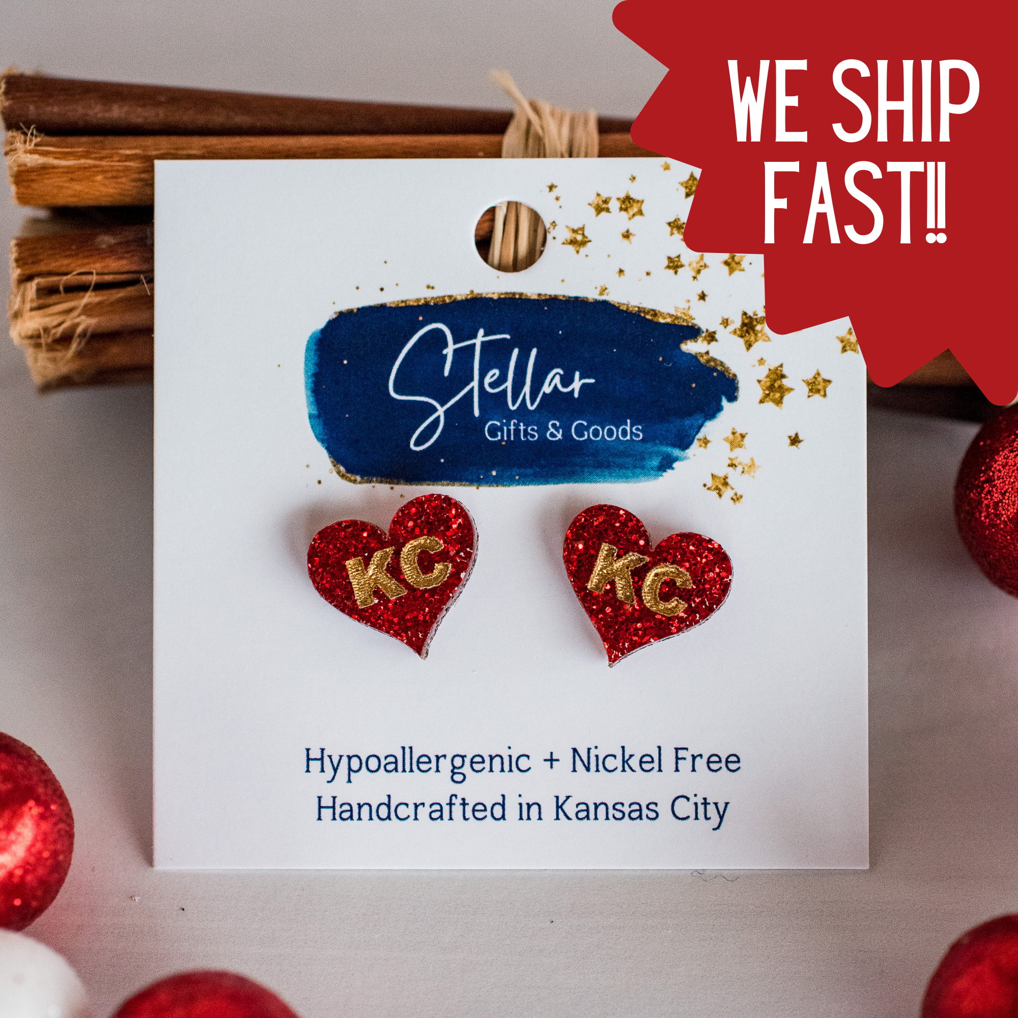 Kansas City Football Hand Painted Red Glitter KC Heart Studs { product_type }}