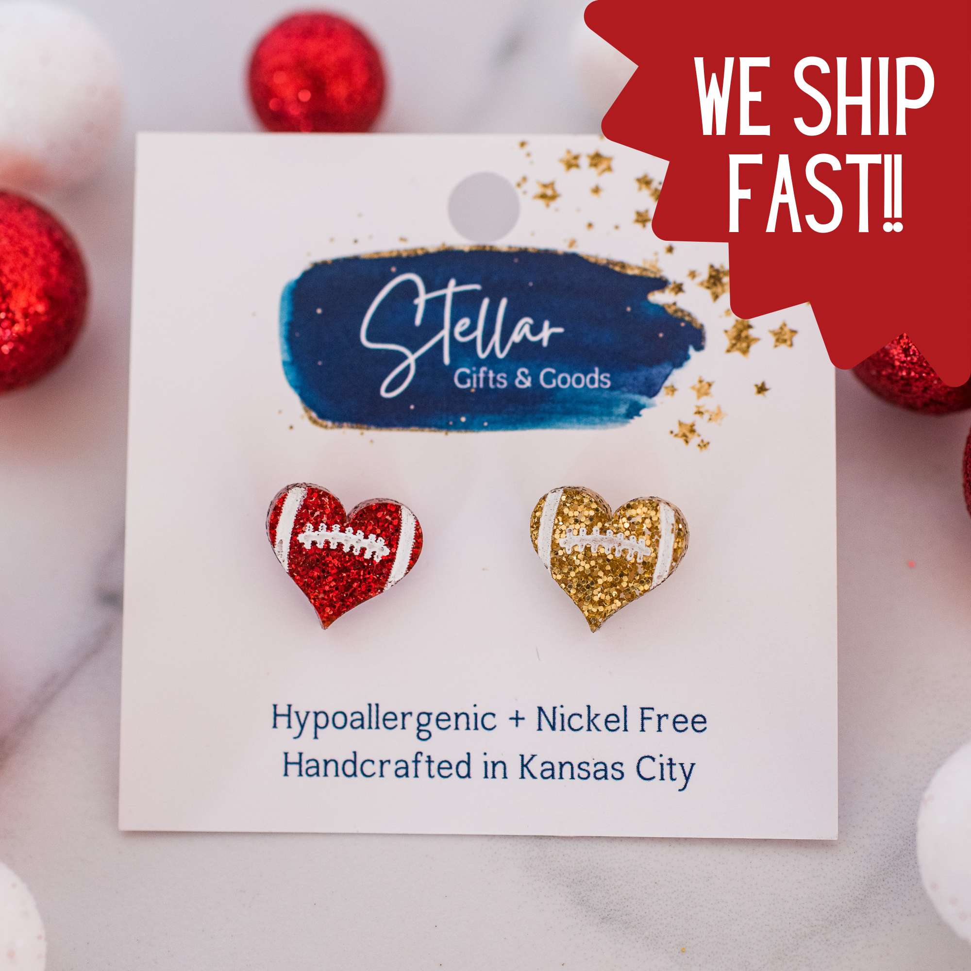 Kansas City Football Glitter Football Heart Studs { product_type }}