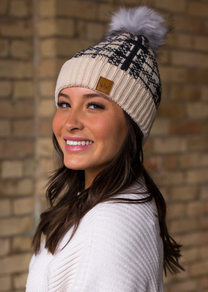 Plaid Pom Pom Beanie-Hats-Panache Apparel Co.-Three Birdies Boutique, Women's Fashion Boutique Located in Kearney, MO