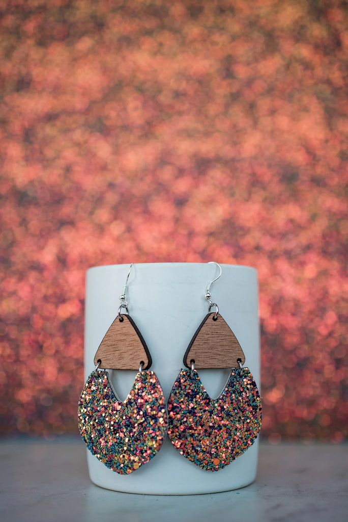Enchanted Glitter Cork & Leather Dangles-Earrings-Hello Happiness-Three Birdies Boutique, Women's Fashion Boutique Located in Kearney, MO