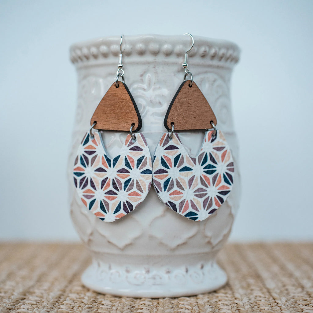 Neutral Geometric Floral Wood & Leather-Earrings-Hello Happiness-Three Birdies Boutique, Women's Fashion Boutique Located in Kearney, MO