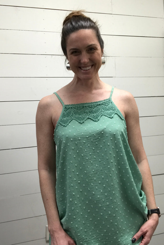 Sage Swiss Dot Top-Tank Top-Heimish-Three Birdies Boutique, Women's Fashion Boutique Located in Kearney, MO