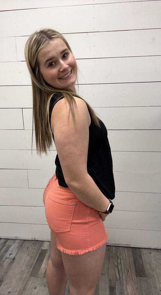 Judy Blue Dyed Peach Fray Hem Shorts-Denim Shorts-Judy Blue-Three Birdies Boutique, Women's Fashion Boutique Located in Kearney, MO