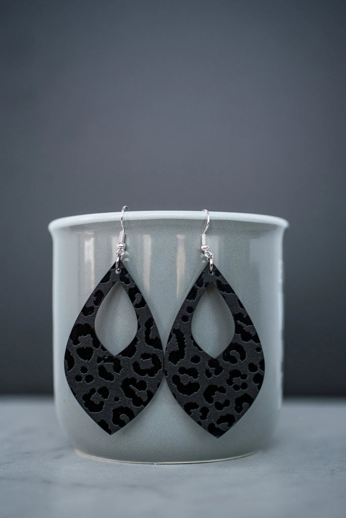 Large Matte Black Leopard Teardrop Dangles-Earrings-Hello Happiness-Three Birdies Boutique, Women's Fashion Boutique Located in Kearney, MO