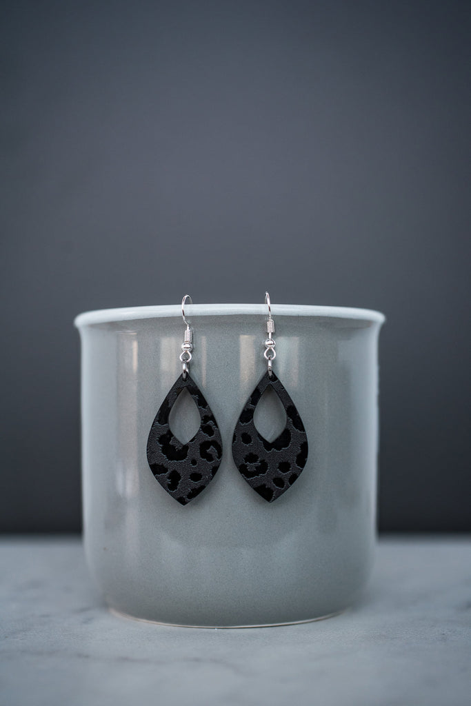 Petite Matte Black Leopard Dangles-Earrings-Hello Happiness-Three Birdies Boutique, Women's Fashion Boutique Located in Kearney, MO