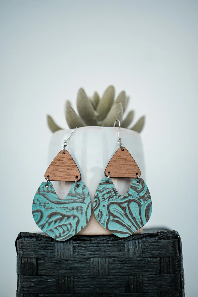 Turquoise Leather & Wood Dangles-Earrings-Hello Happiness-Three Birdies Boutique, Women's Fashion Boutique Located in Kearney, MO